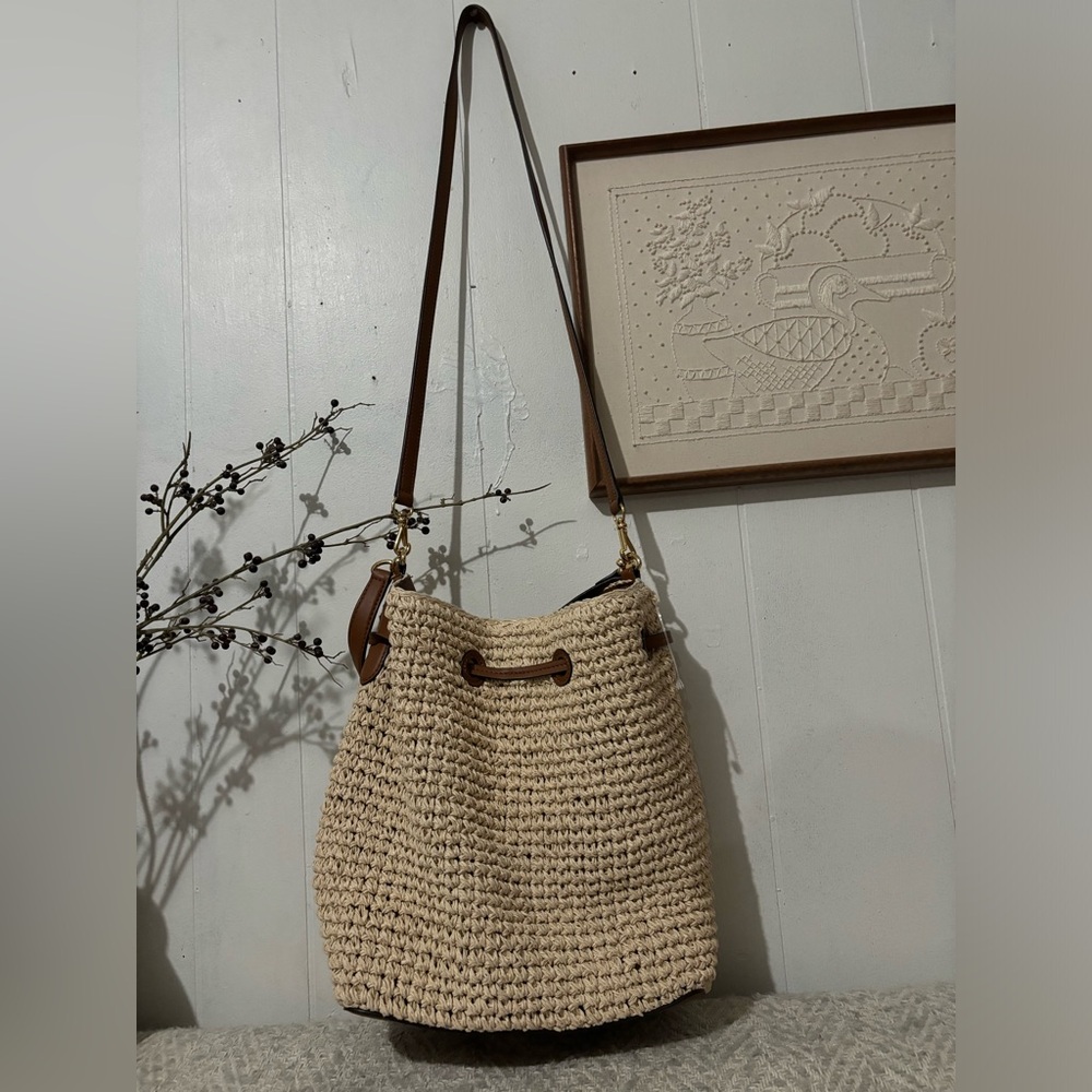 🍷☀️Ralph Lauren Crochet-Straw Debby Drawstring Bag - Picture 7 of 13